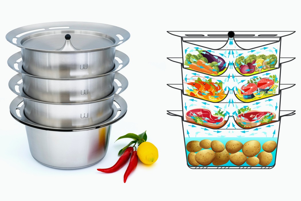 This multi-storey stackable steamer lets you cook your entire meal on one stovetop - Yanko Design